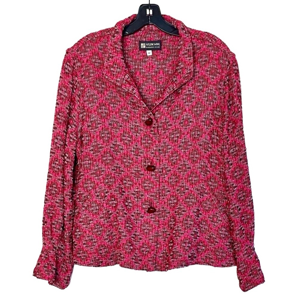 Arlene Wohl Handwoven Wearable Art Jacket Pink Black Geometric M
